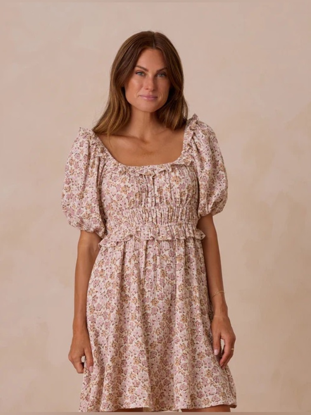NWT Rylee + Cru Shayla Wildflower Pink Floral Puff-Sleeve Smocked Mini Dress M